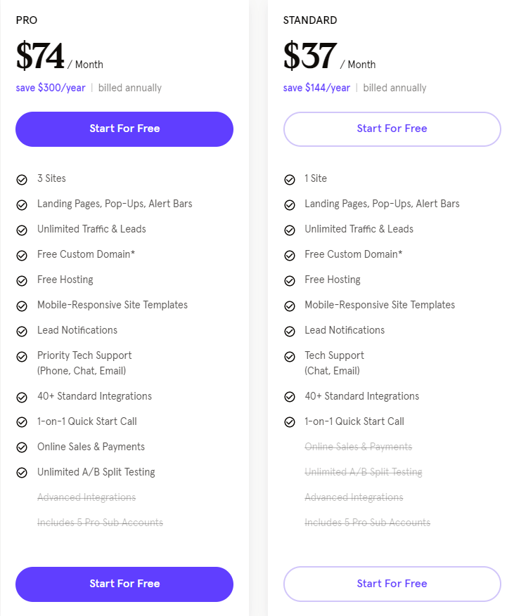 leadpages pricing table